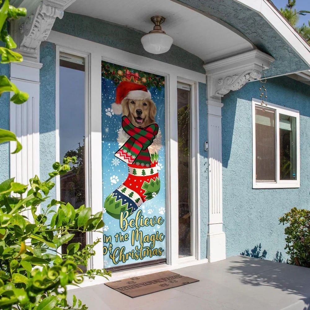 Christmas Door Cover, Believe In The Magic Of Christmas, Golden Retriever In Sock Door Cover Christmas Door Cover, Believe In The Magic Of Christmas, Golden Retriever In Sock Door Cover
