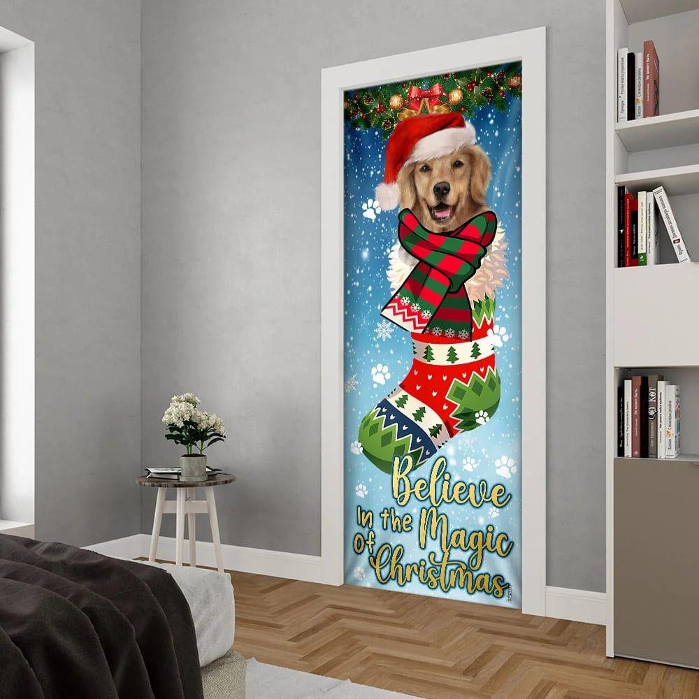 Christmas Door Cover, Believe In The Magic Of Christmas, Golden Retriever In Sock Door Cover Christmas Door Cover, Believe In The Magic Of Christmas, Golden Retriever In Sock Door Cover