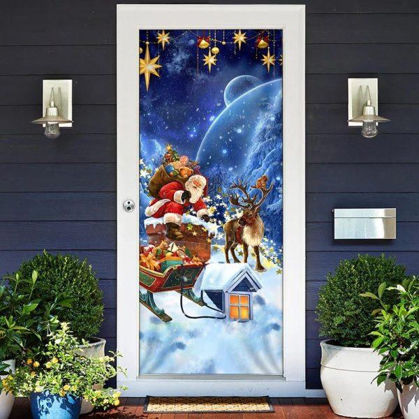 Christmas Door Cover, Christmas Door Cover Santa Claus Climbing Down The Chimney