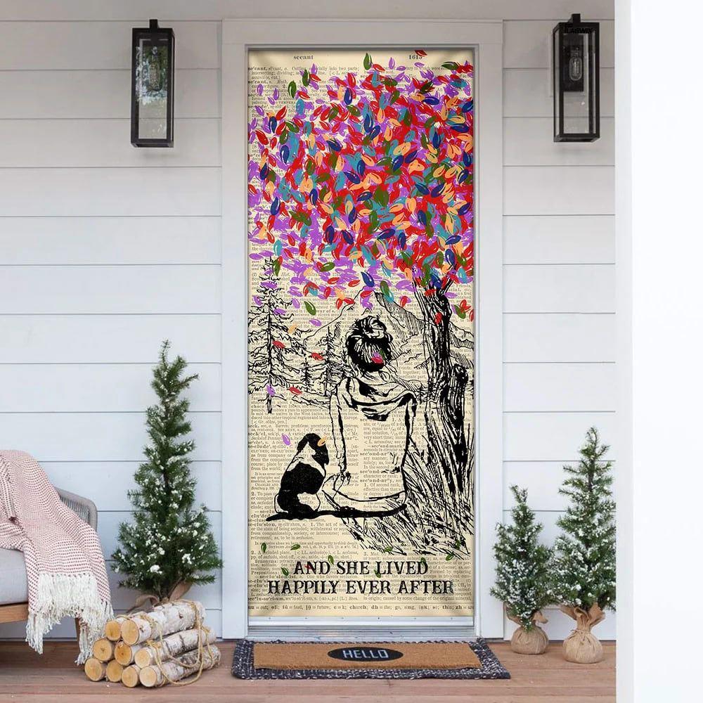 Christmas Door Cover, Dog And She Lived Happily Ever After, Dog Lover Door Cover, Christmas Gift For Dog Lover