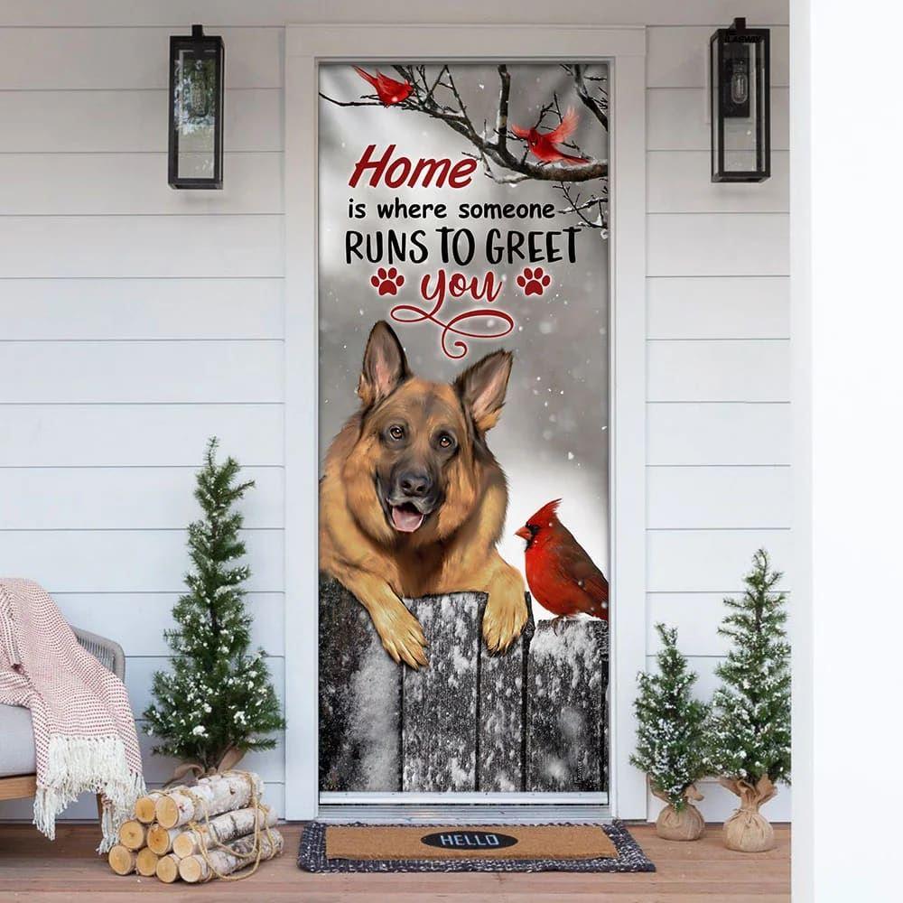 Christmas Door Cover, German Shepherd Home Is Where Someone Runs To Greet You Door Cover, Christmas Gift For Dog Lover