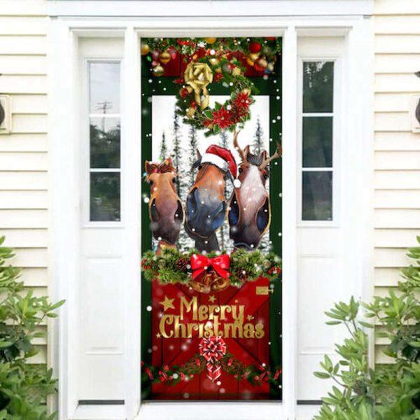 Christmas Door Cover, Horse Merry Christmas Door Cover Funny Holiday Decor for Porch & Home, Xmas Door Covers, Christmas Door Coverings