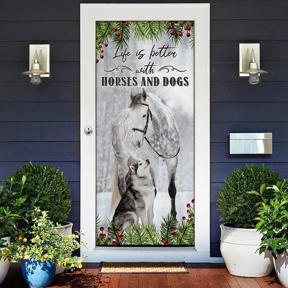 Christmas Door Cover, Life Is Better With Horses And Dogs Door Cover, Christmas Horse Decor