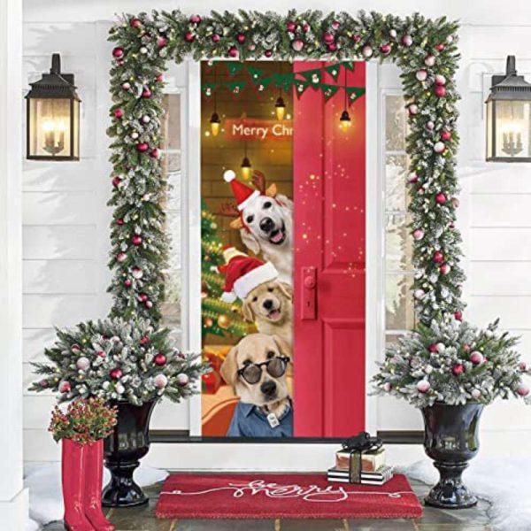 Christmas Door Cover, Santa Dogs Merry Christmas Door Cover Funny Dog Door Cover Christmas