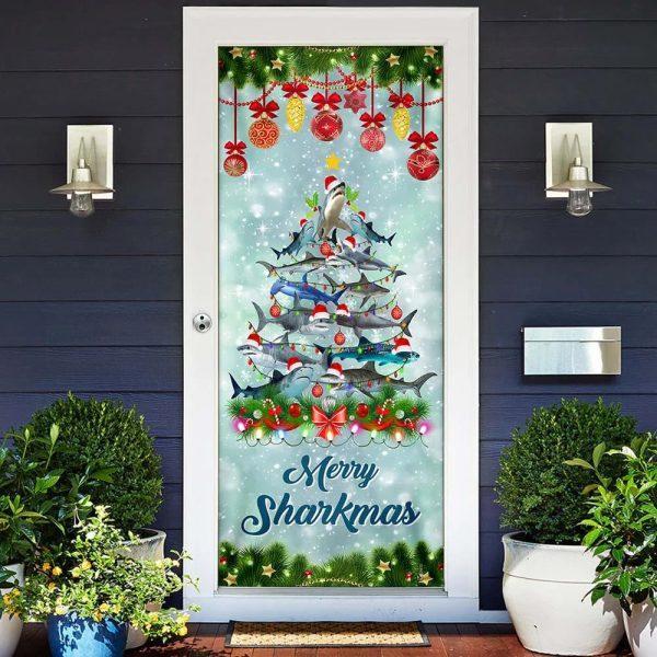 Christmas Door Cover, Shark Christmas Tree Door Cover, Merry Sharkmas Door Cover