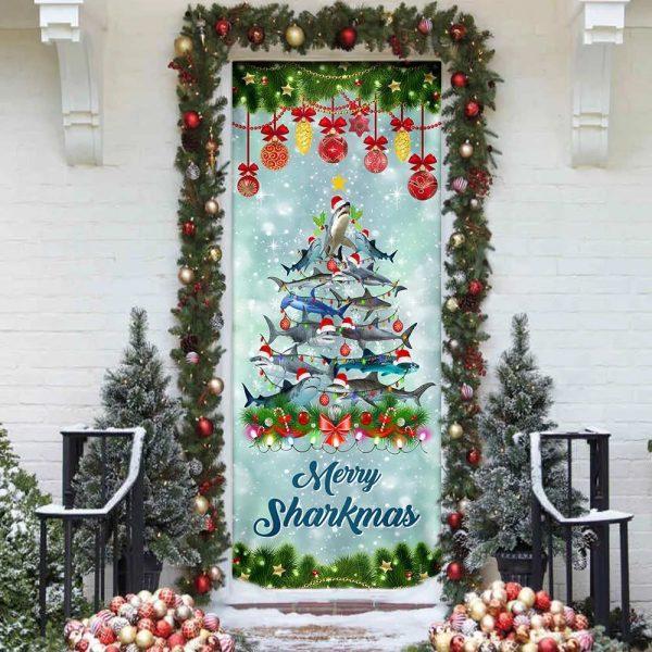 Christmas Door Cover, Shark Christmas Tree Door Cover, Merry Sharkmas Door Cover