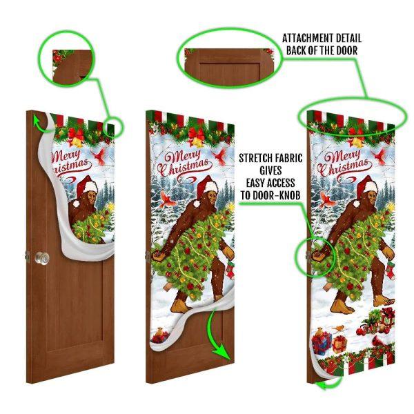 Christmas Farm Decor, Bigfoot Wearing Santa Hat Christmas Door Cover, Front Door Christmas Cover