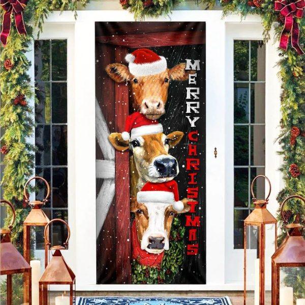 Christmas Farm Decor, Cattle Cow Merry Christmas Door Cover, Front Door Christmas Cover