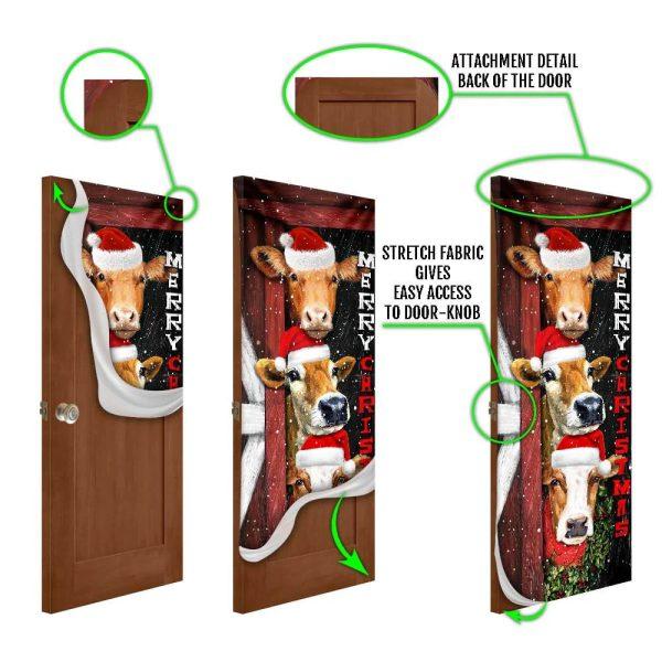 Christmas Farm Decor, Cattle Cow Merry Christmas Door Cover, Front Door Christmas Cover