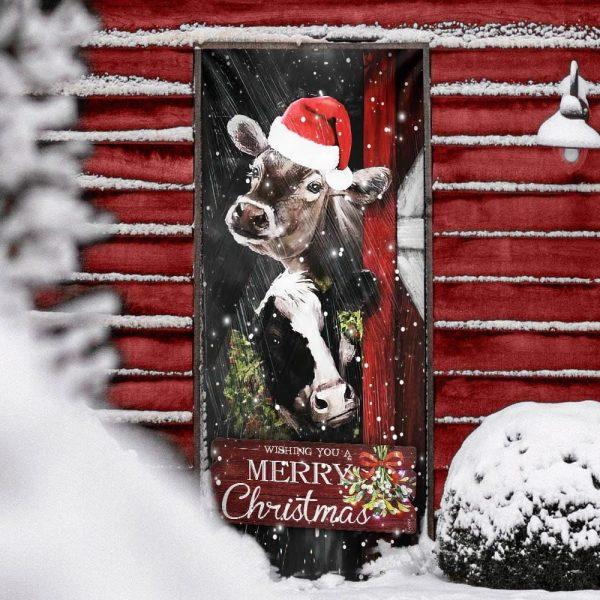 Christmas Farm Decor, Cow Cattle Door Cover, Merry Christmas Door Cover, Cow Lover Gifts