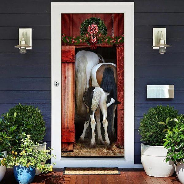 Christmas Farm Decor, Funny Family Horse Door Cover, Unique Gifts Doorcover, Christmas Gift For Friends
