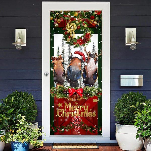 Christmas Farm Decor, Horse Door Cover Funny Christmas Horses, Christmas Horse Decor