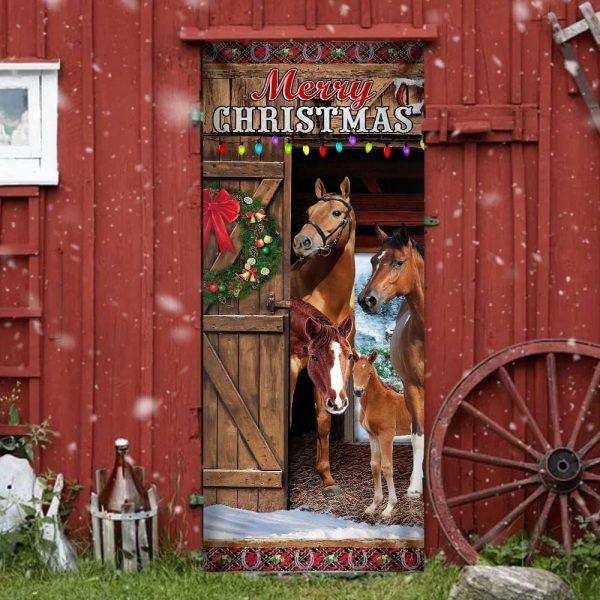 Christmas Farm Decor, Horses Merry Christmas Door Cover, Christmas Horse Decor