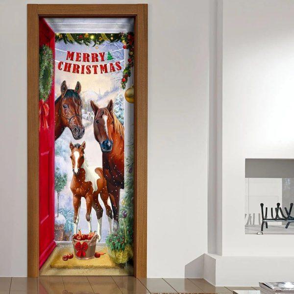 Christmas Farm Decor, Merry Christmas Door Cover, Christmas Horse Door Cover, Christmas Horse Decor