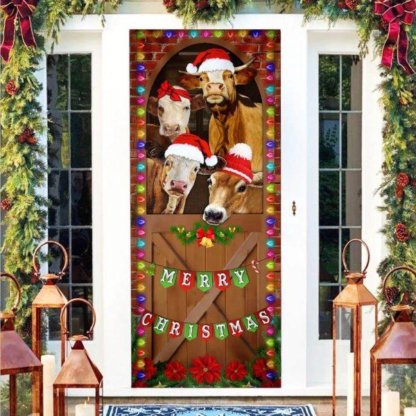 Christmas Farm Decor, Merry Christmas Door Cover, Cow Cattle Door Cover