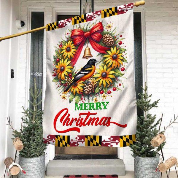 Christmas Flag, Black Eyed Susan Christmas Wreath and Baltimore Oriole Maryland Flag, Christmas Garden Flags, Christmas Outdoor Flag