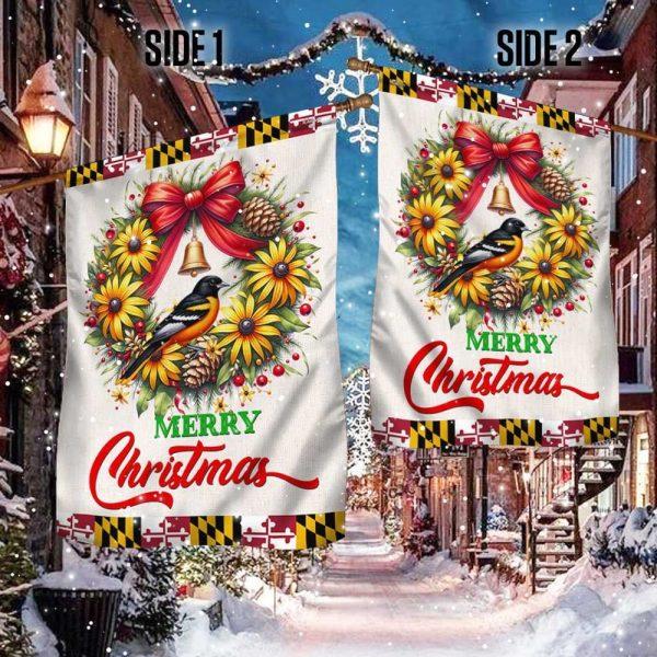 Christmas Flag, Black Eyed Susan Christmas Wreath and Baltimore Oriole Maryland Flag, Christmas Garden Flags, Christmas Outdoor Flag