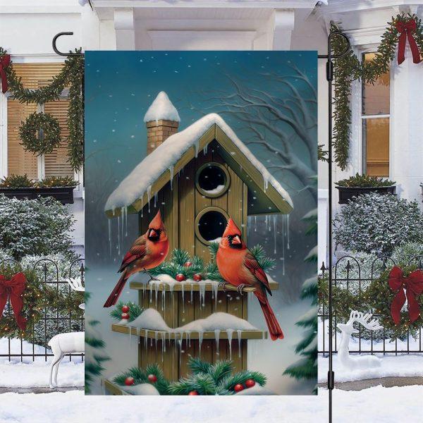 Christmas Flag, Cardinals At The Snow Capped Birdhouse Christmas Garden Flag, Christmas Garden Flags, Christmas Outdoor Flag