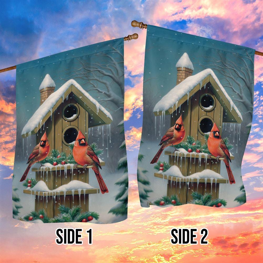Christmas Flag, Cardinals At The Snow Capped Birdhouse Christmas Garden Flag, Christmas Garden Flags, Christmas Outdoor Flag