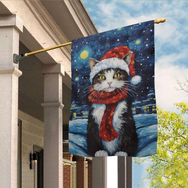 Christmas Flag, Cat Wearing Scarf On The Moon Christmas Garden Flag, Christmas Garden Flags, Christmas Outdoor Flag