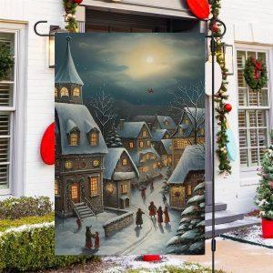 Christmas Flag, Country Village Scene Covered Snow…