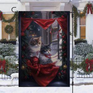 Christmas Flag, Couple Cats Look At The…