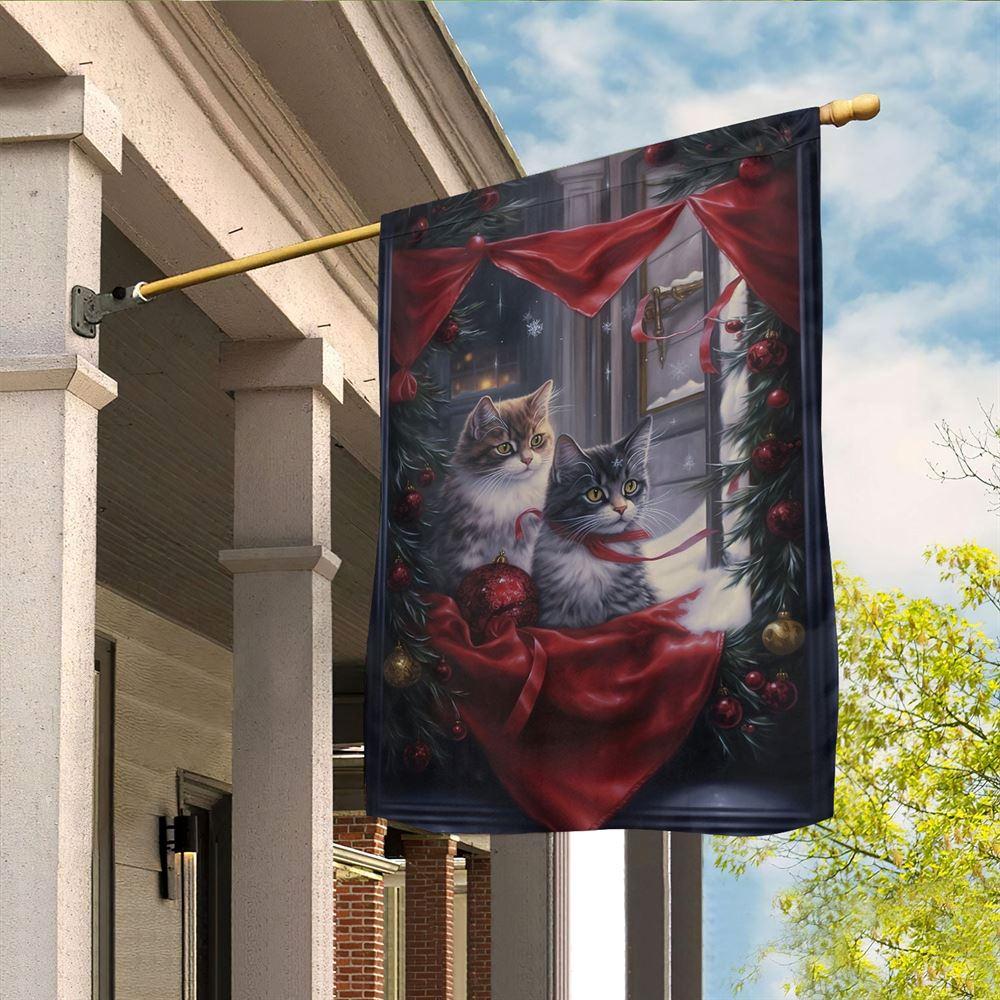 Christmas Flag, Couple Cats Look At The Window Christmas Garden Flag, Christmas Garden Flags, Christmas Outdoor Flag