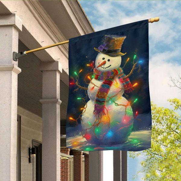 Christmas Flag, Snowman Surrounded By String Lights Christmas Garden Flag, Christmas Garden Flags, Christmas Outdoor Flag