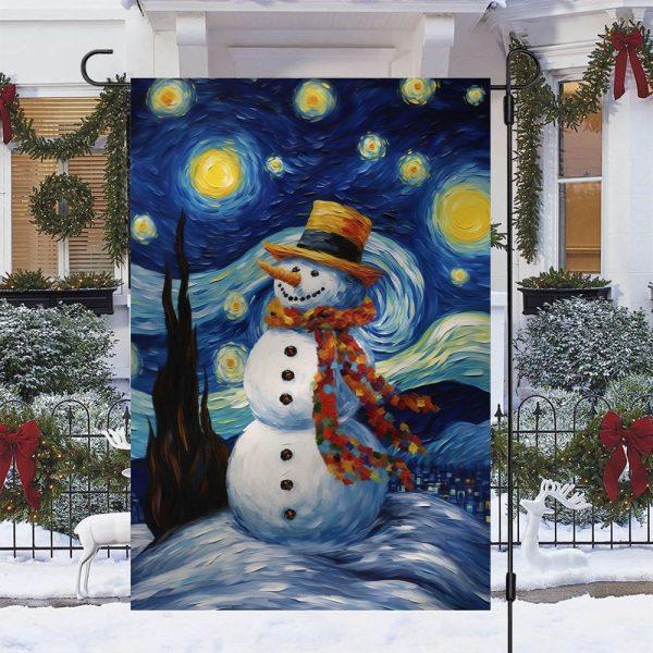 Christmas Flag, Starry Night Snowman A Whimsical Winter Celebration Christmas Garden Flag, Christmas Garden Flags, Christmas Outdoor Flag