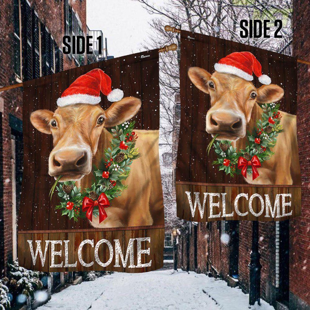 Christmas Flag, Welcome Farm Funny Cow Cattle Christmas Flag, Christmas Garden Flags, Christmas Outdoor Flag