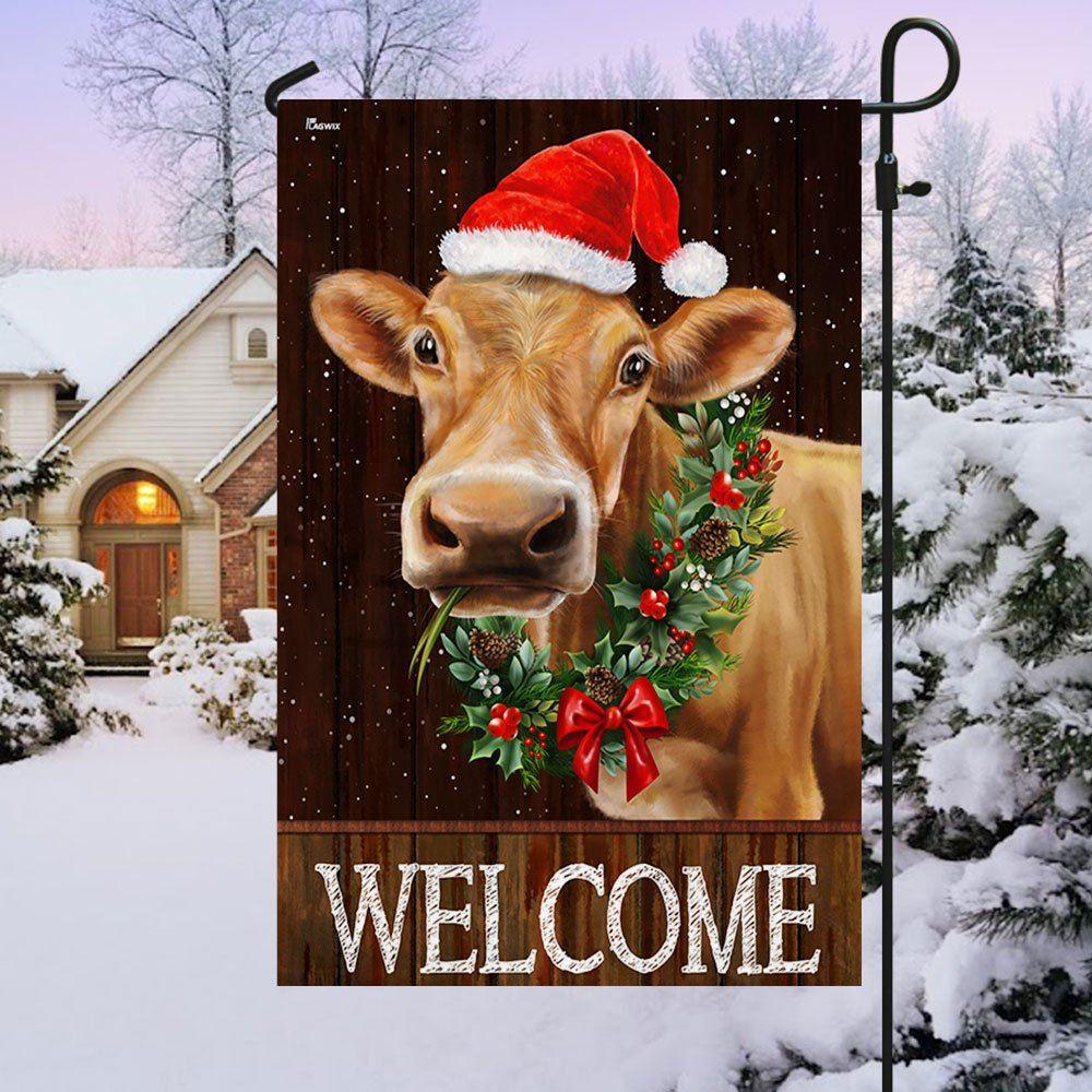 Christmas Flag, Welcome Farm Funny Cow Cattle Christmas Flag, Christmas Garden Flags, Christmas Outdoor Flag