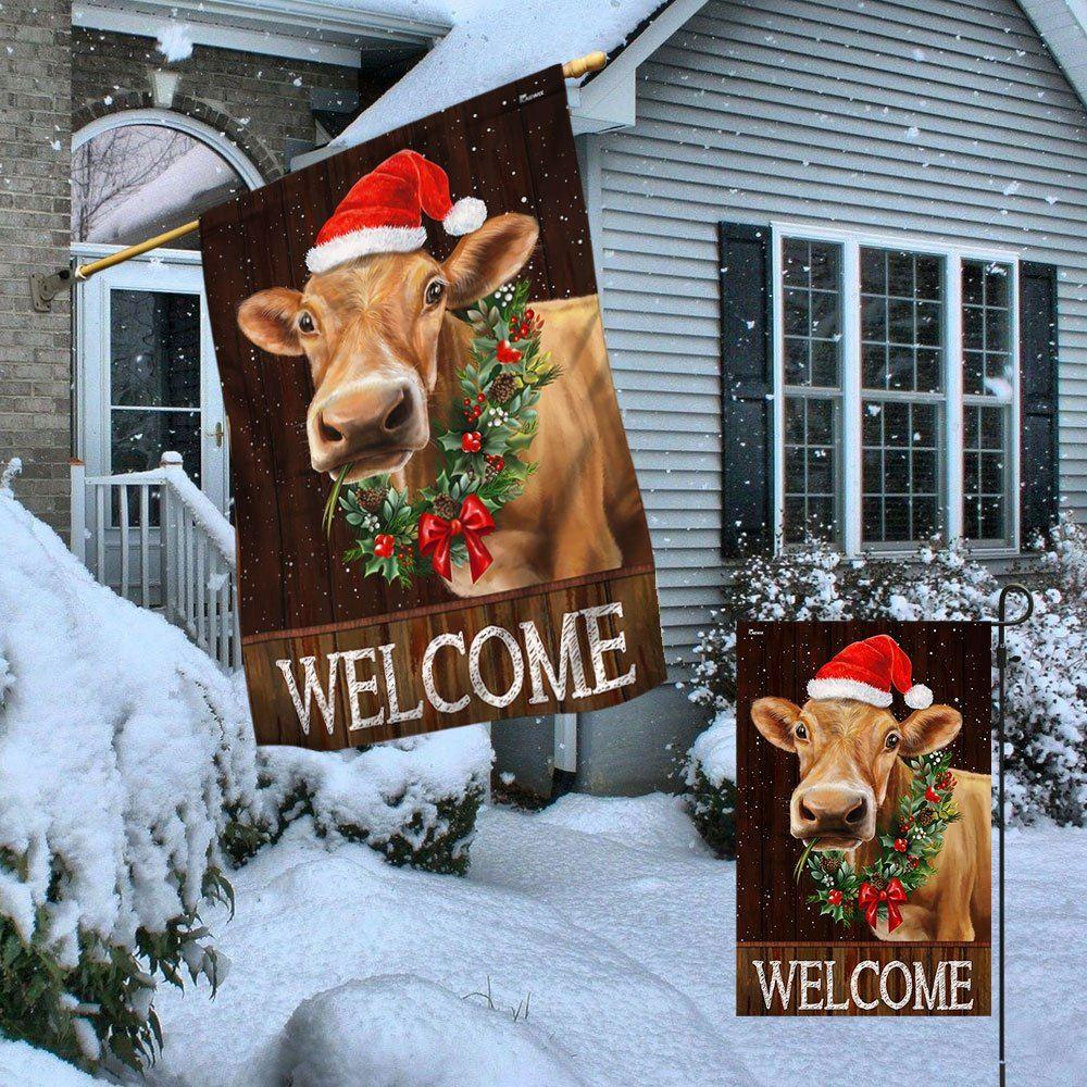 Christmas Flag, Welcome Farm Funny Cow Cattle Christmas Flag, Christmas Garden Flags, Christmas Outdoor Flag