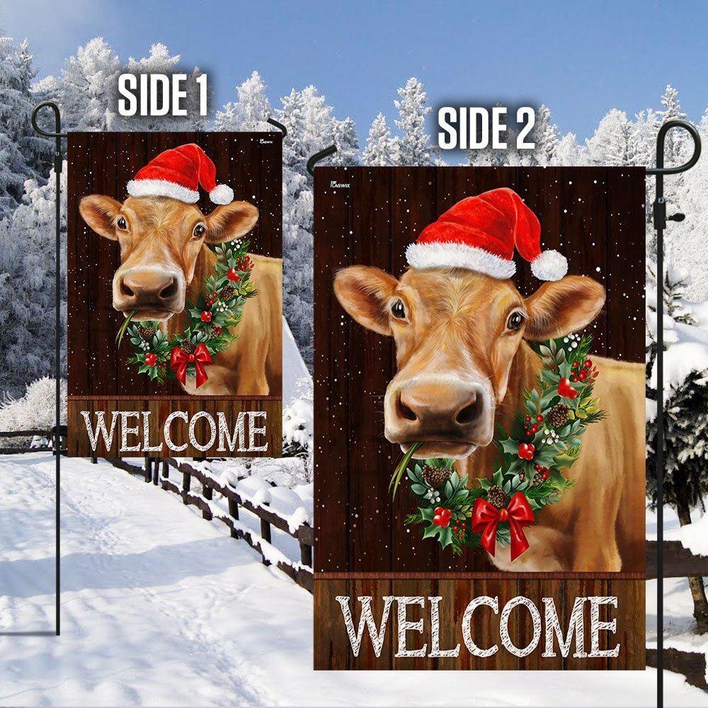 Christmas Flag, Welcome Farm Funny Cow Cattle Christmas Flag, Christmas Garden Flags, Christmas Outdoor Flag