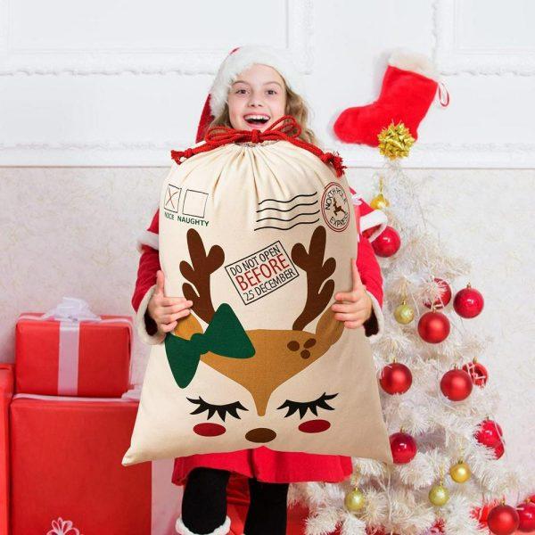 Christmas Sack, Christmas  Reindeer Print Sacks, Xmas Santa Sacks, Christmas Tree Bags, Christmas Bag Gift