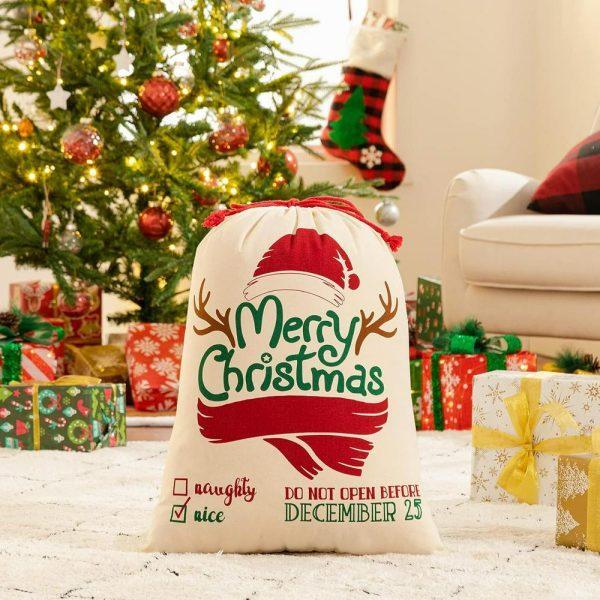 Christmas Sack, Merry Christmas Santa Hat Print Sacks, Xmas Santa Sacks, Christmas Tree Bags, Christmas Bag Gift