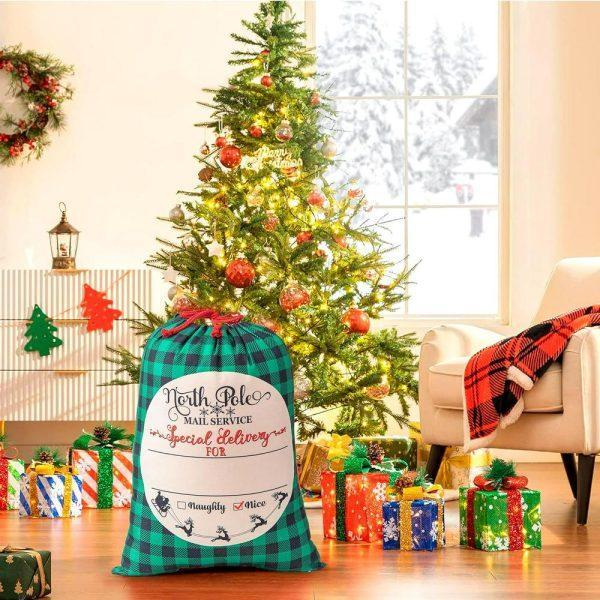 Christmas Sack, North Pole Blue Caro Christmas Sack, Xmas Santa Sacks, Christmas Tree Bags, Christmas Bag Gift