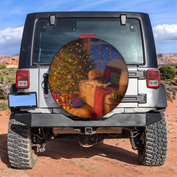 Christmas Tire Cover, Dogs And Cat Sleep In Cozy Christmas Room Tire Cover, Spare Tire Cover, Tire Covers For Cars