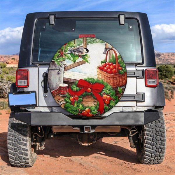 Christmas Tire Cover, Holly Tree Laurel Wreath By Window Tire Cover, Spare Tire Cover, Tire Covers For Cars