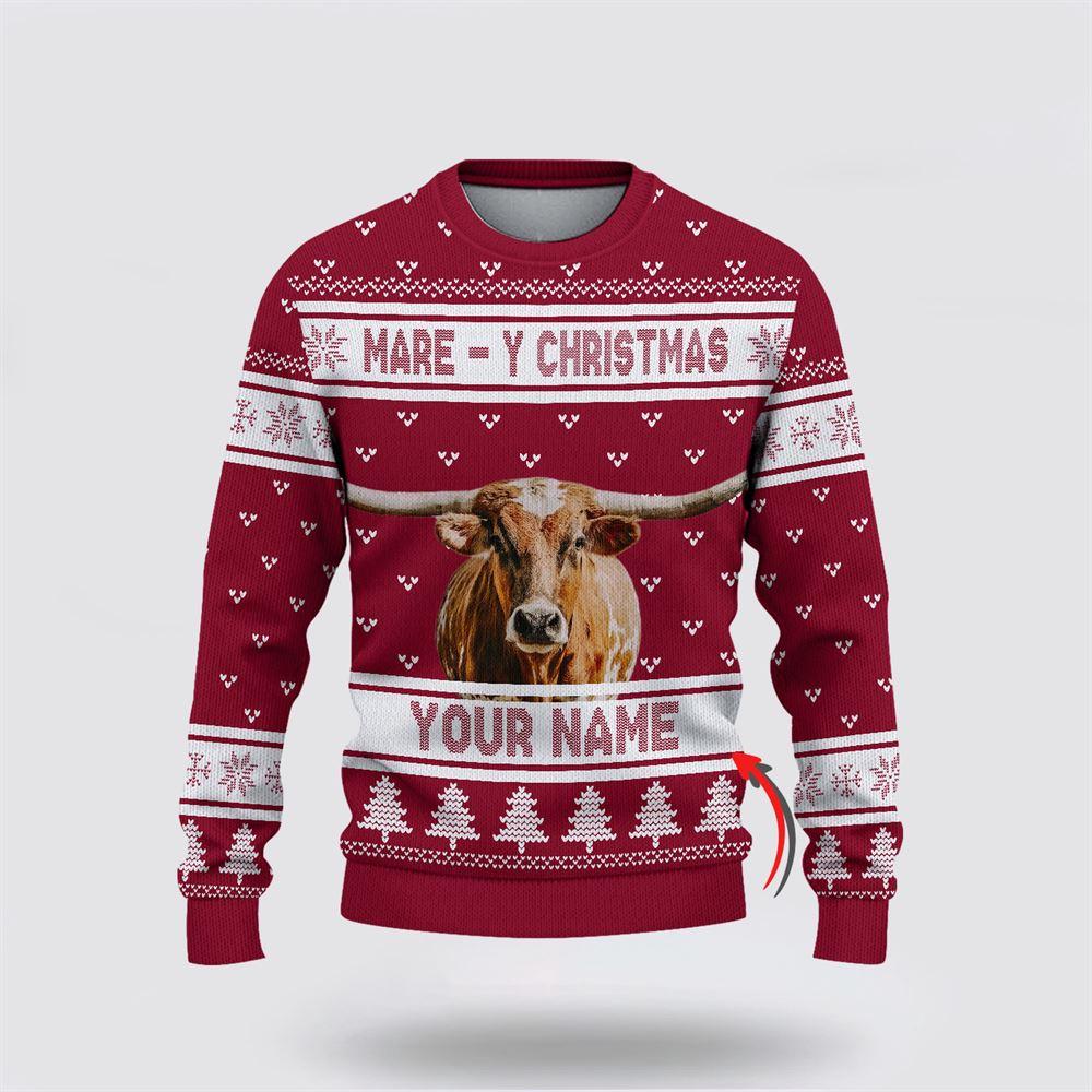 Custom Name Texas Longhorn Mare Y Christmas Ugly Sweater, Gifts For Farmers, Rural Lovers Custom Name Texas Longhorn Mare Y Christmas Ugly Sweater, Gifts For Farmers, Rural Lovers