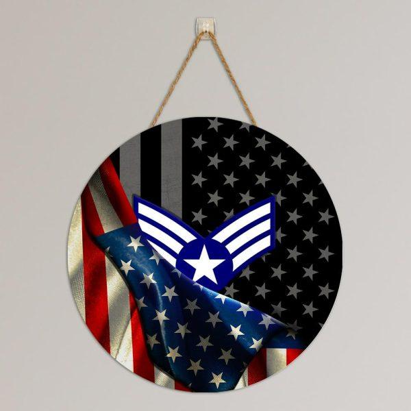 Custom Round Wood Sign, US Air Force USA Flag Round Wood Sign, Personalized Rank Military, For Military Personnel