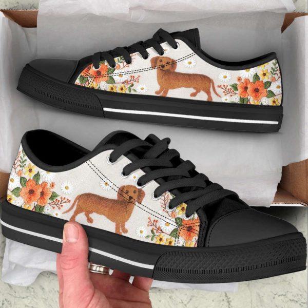 Dachshund Dog Embroidery Floral Low Top Shoes Canvas Sneakers, Gift For Dog Lover