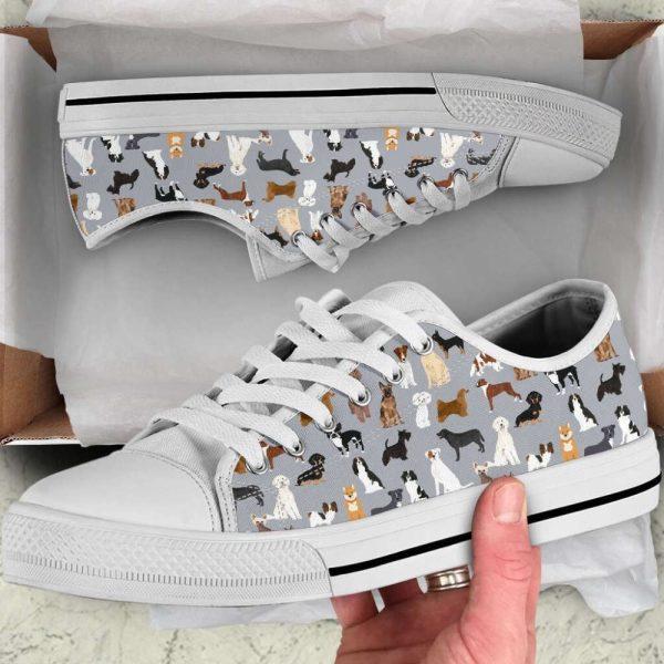 Dog Grey Fabric Mixed Pattern Low Top Shoes Canvas Sneakers, Gift For Dog Lover