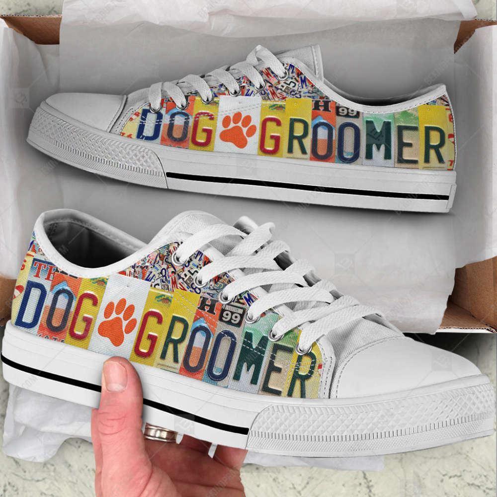 Dog Groomer License Plates Low Top Shoes Canvas Sneakers, Gift For Dog Lover