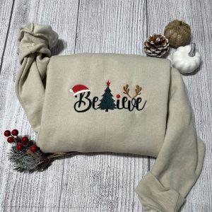 Embroidered Sweatshirts, Believe Christmas Embroidery Sweatshirt, Women’s Embroidered Sweatshirts