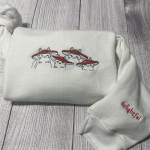 Embroidered Sweatshirts, Delightful Mushroom Cats Embroidered Crewneck,…