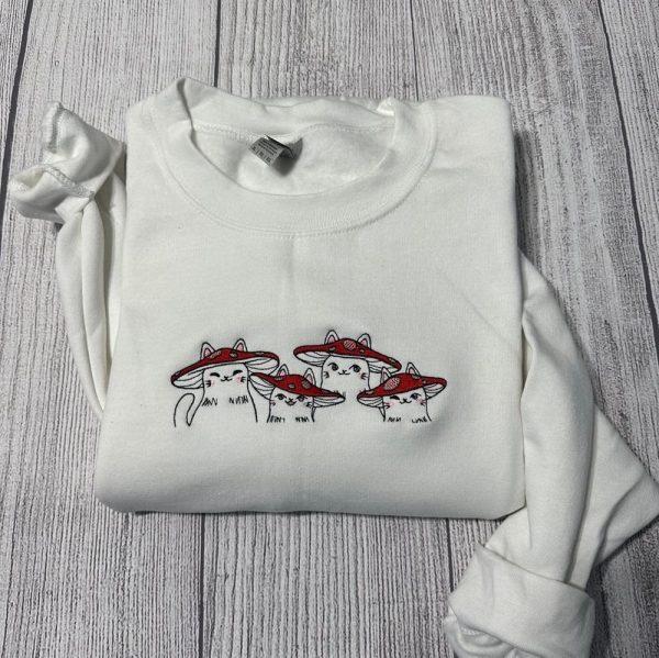 Embroidered Sweatshirts, Delightful Mushroom Cats Embroidered Crewneck, Women’s Embroidered Sweatshirts