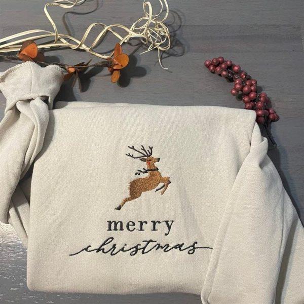 Embroidered Sweatshirts, Merry Christmas Embroidered Sweatshirt Christmas Deer Sweatshirt Crewneck, Women’s Embroidered Sweatshirts