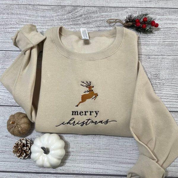 Embroidered Sweatshirts, Merry Christmas Embroidered Sweatshirt Reindeer Christmas Crewneck, Women’s Embroidered Sweatshirts