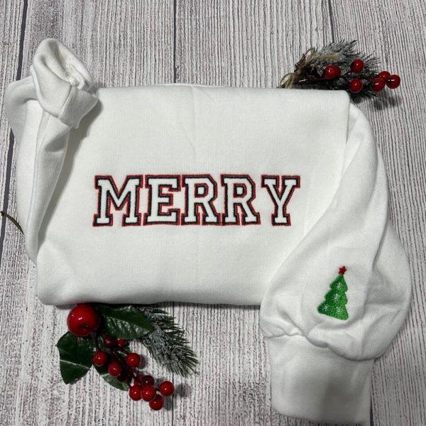 Embroidered Sweatshirts, Merry Embroidered Sweatshirt, Merry Christmas Crewneck Sweatshirts, Women’s Embroidered Sweatshirts