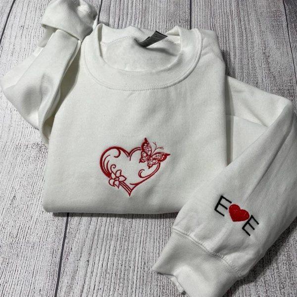 Embroidered Sweatshirts, Valentine Sweatshirt Butterfly Heart Embroidered Sweatshirt, Women’s Embroidered Sweatshirts